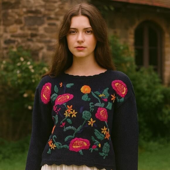 Vintage 80s Kitty Hawk NAvy Blue 3D knit Floral Embroidered Sweater M - Picture 1 of 5